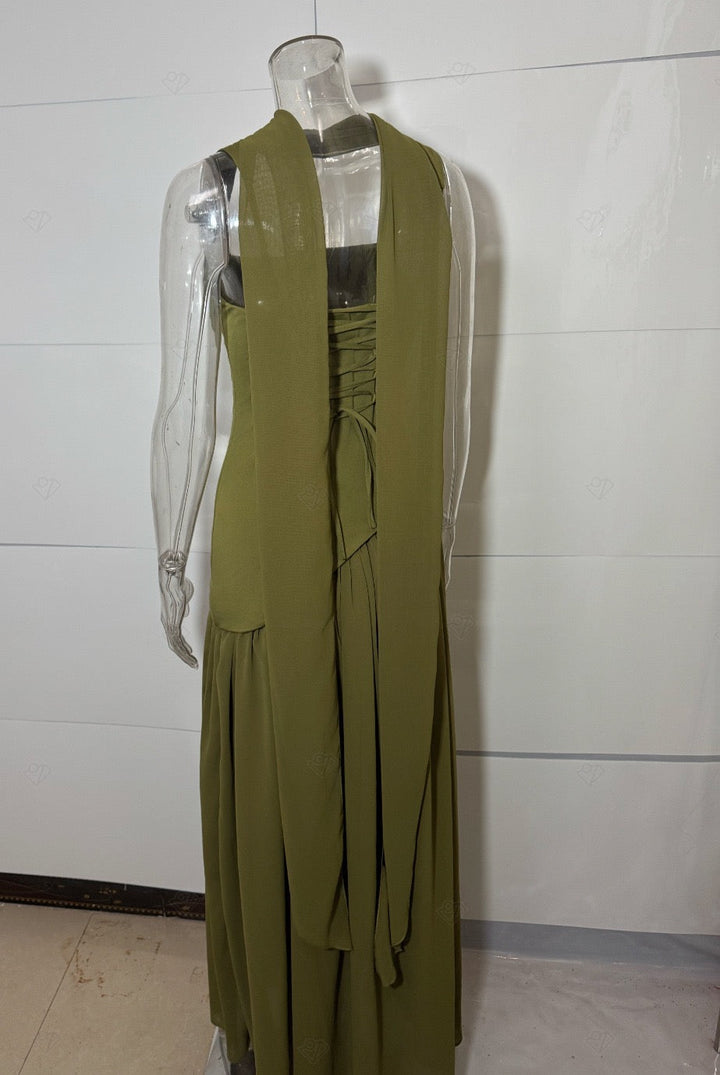 Maxi dress with a tie-back design for fastening at the waist and chiffon with a slit and veil decoration - Tova