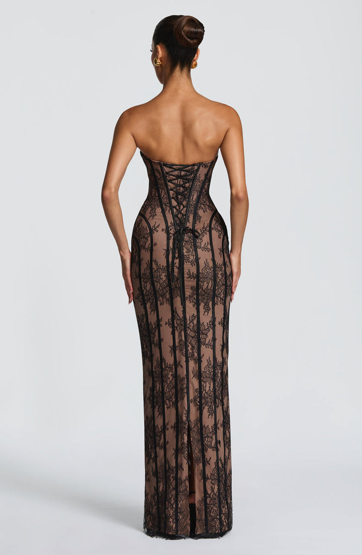 Maxi Strapless Lace Dress with Back Tie Waist Fit - TERRA