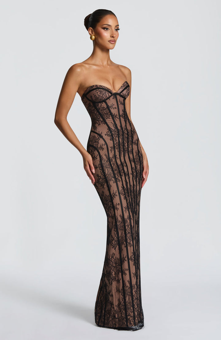 Maxi Strapless Lace Dress with Back Tie Waist Fit - TERRA