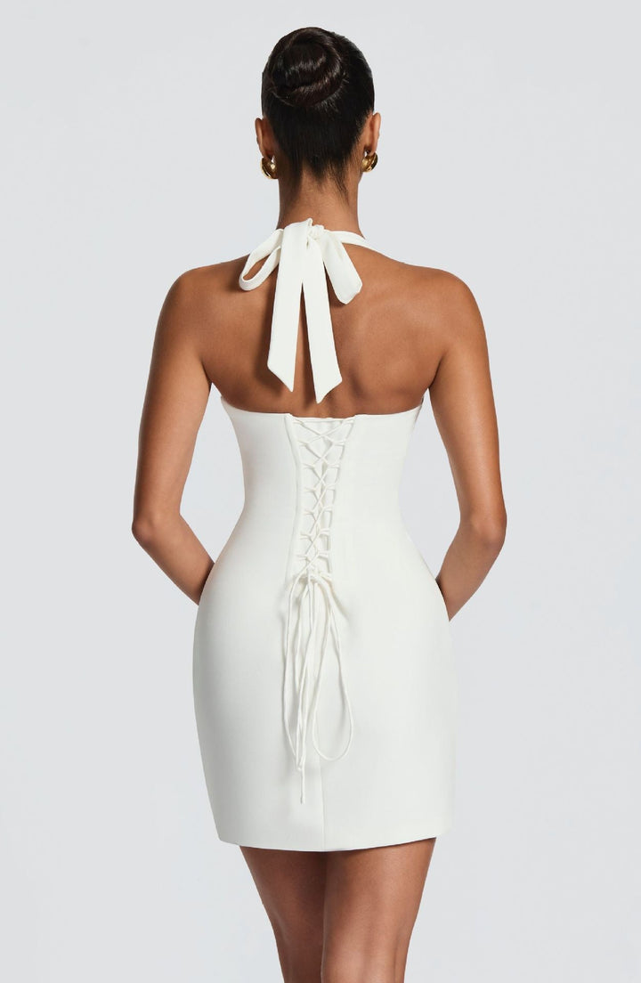 Fitted mini dress with lace embellishment, neck tie, and open back – KYLA