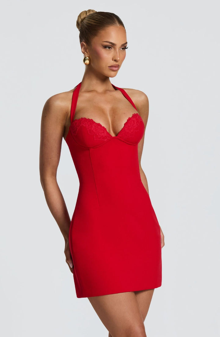 Fitted mini dress with lace embellishment, neck tie, and open back – KYLA