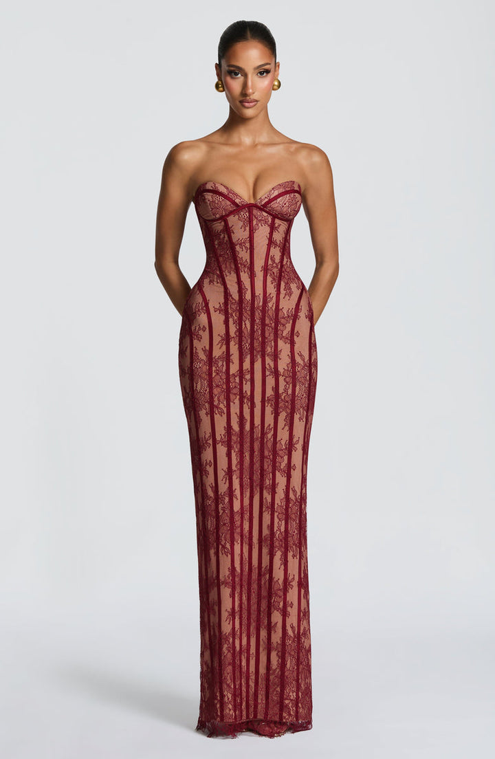 Maxi Strapless Lace Dress with Back Tie Waist Fit - TERRA