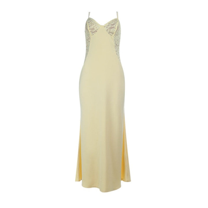 Satin maxi dress with a slit and lace - Mariana