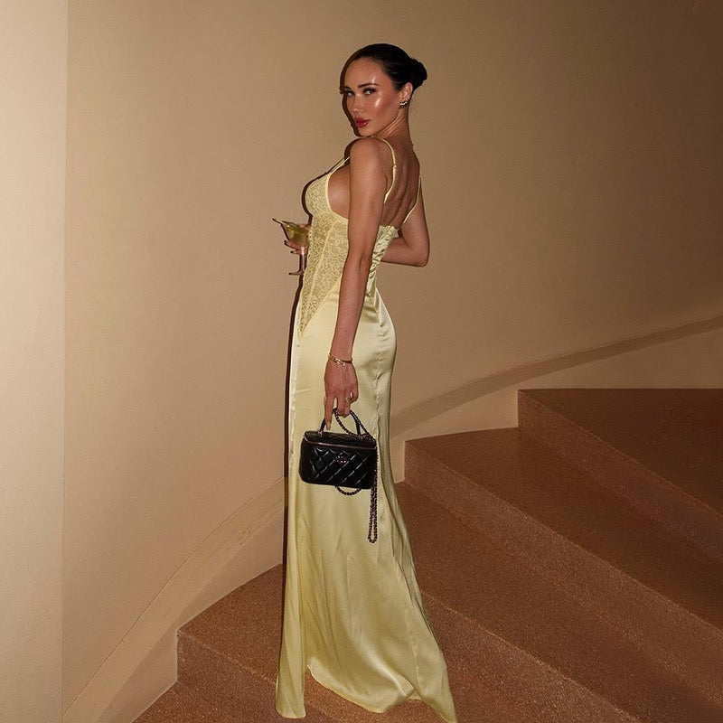 Satin maxi dress with a slit and lace - Mariana