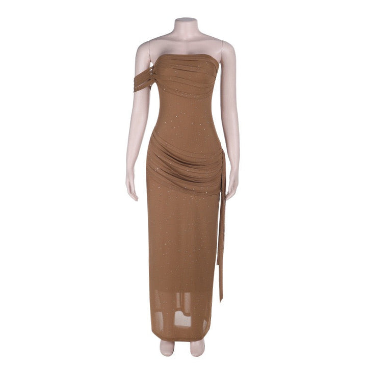 Maxi Dress with Shiny Rhinestones and One-Shoulder Ruching Design - KOREN