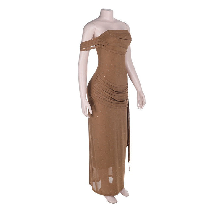 Maxi Dress with Shiny Rhinestones and One-Shoulder Ruching Design - KOREN