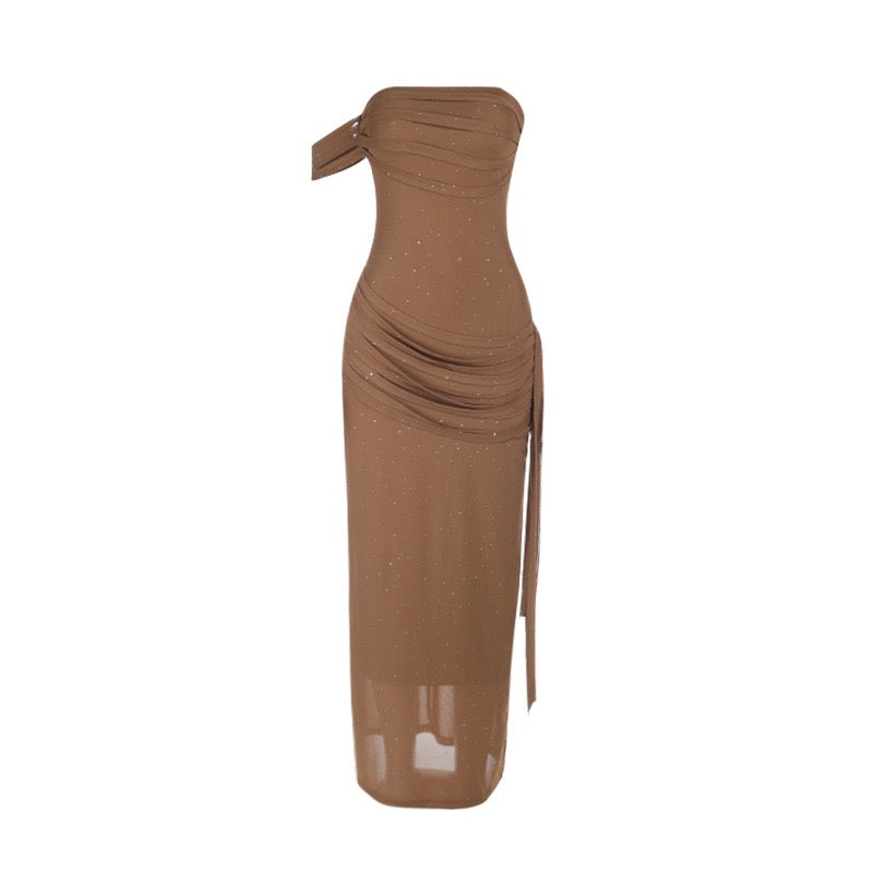Maxi Dress with Shiny Rhinestones and One-Shoulder Ruching Design - KOREN