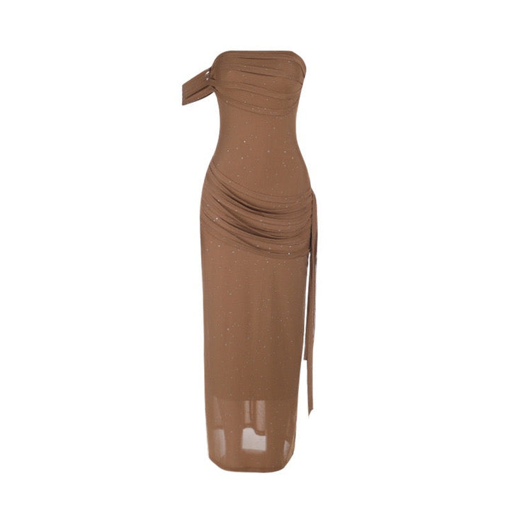 Maxi Dress with Shiny Rhinestones and One-Shoulder Ruching Design - KOREN