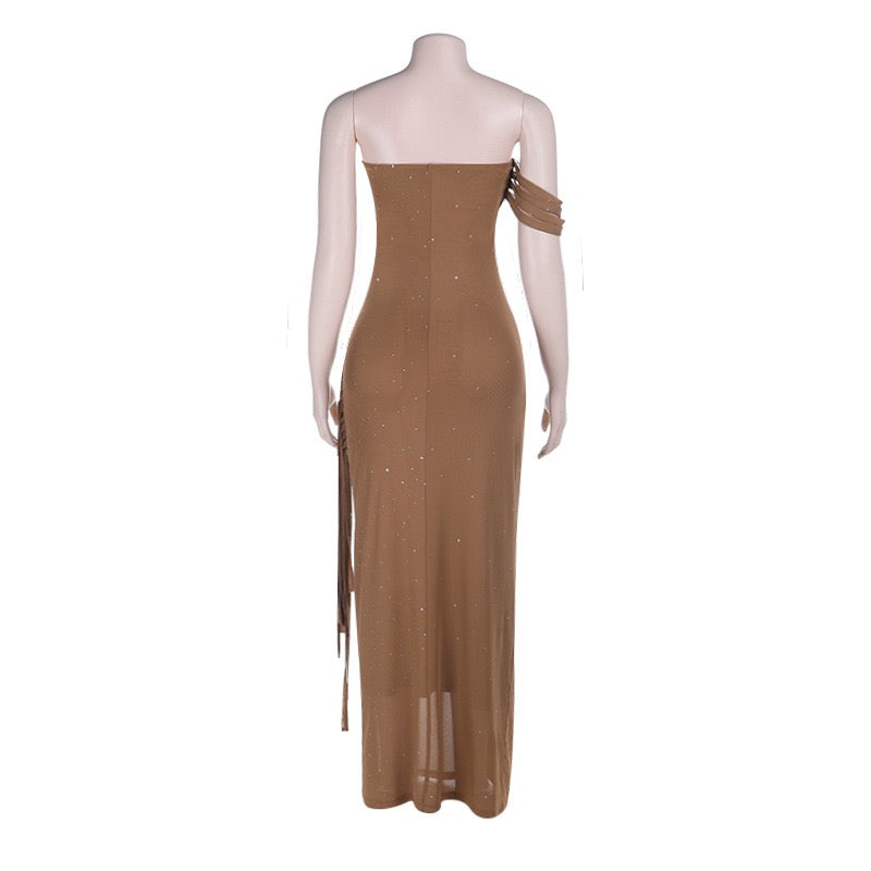 Maxi Dress with Shiny Rhinestones and One-Shoulder Ruching Design - KOREN