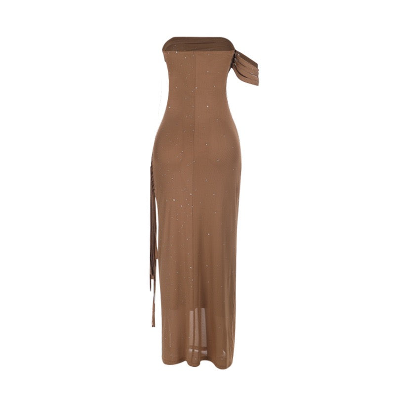 Maxi Dress with Shiny Rhinestones and One-Shoulder Ruching Design - KOREN
