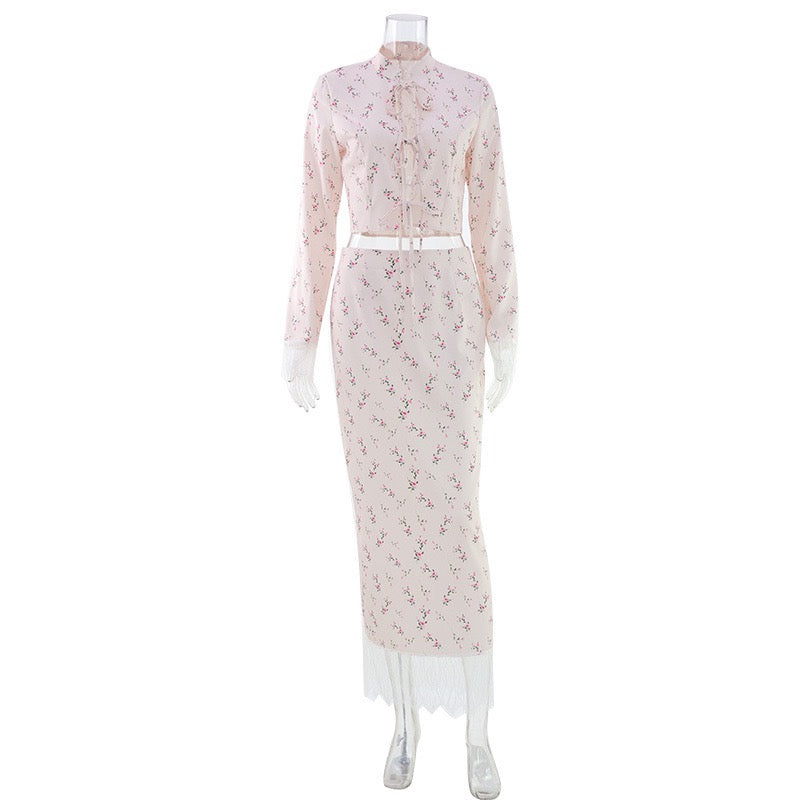 Two-piece satin set with a maxi skirt and a tie-front lace-trimmed top - Gili