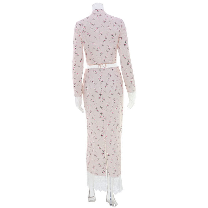 Two-piece satin set with a maxi skirt and a tie-front lace-trimmed top - Gili