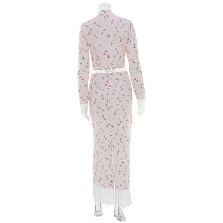 Two-piece satin set with a maxi skirt and a tie-front lace-trimmed top - Gili