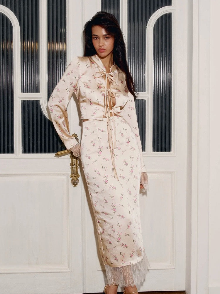Two-piece satin set with a maxi skirt and a tie-front lace-trimmed top - Gili