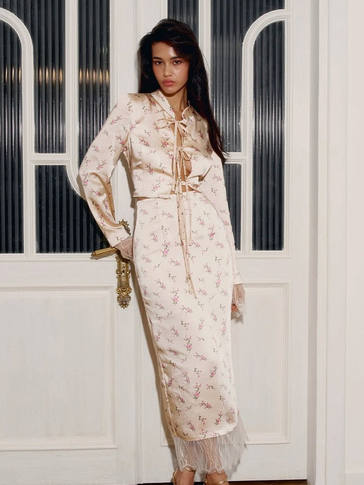 Two-piece satin set with a maxi skirt and a tie-front lace-trimmed top - Gili