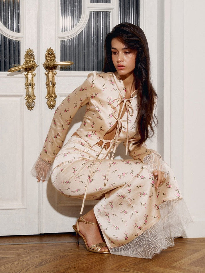 Two-piece satin set with a maxi skirt and a tie-front lace-trimmed top - Gili