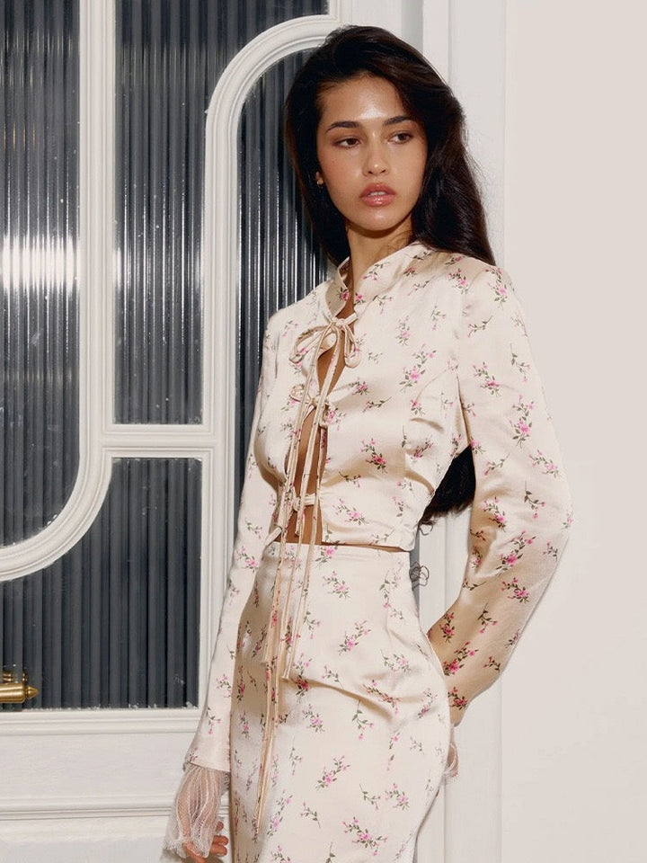 Two-piece satin set with a maxi skirt and a tie-front lace-trimmed top - Gili
