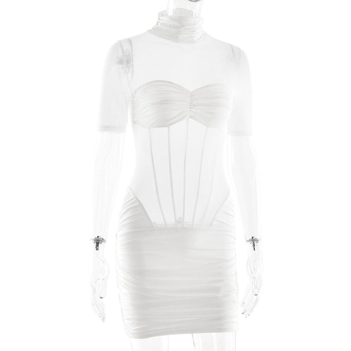 Mini turtleneck dress with pleats and bodice - JUNY