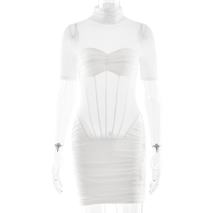 Mini turtleneck dress with pleats and bodice - JUNY