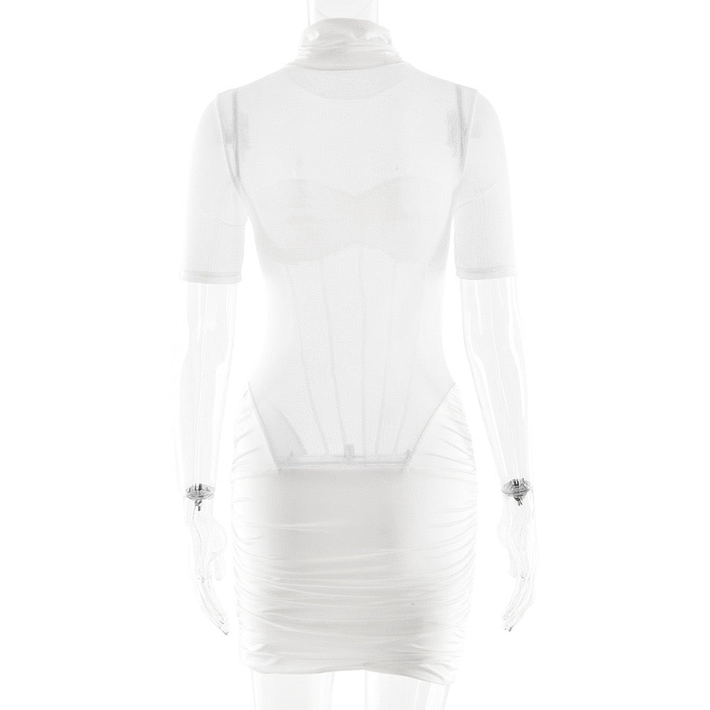 Mini turtleneck dress with pleats and bodice - JUNY
