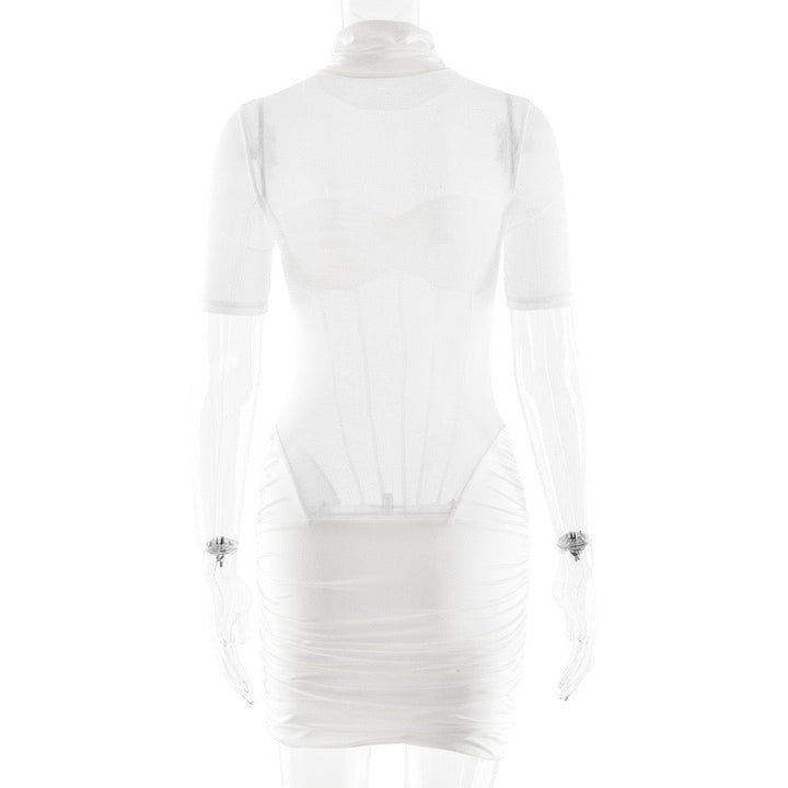 Mini turtleneck dress with pleats and bodice - JUNY