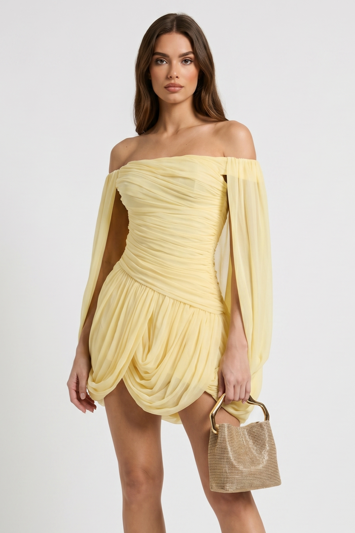 Joella - Pleated chiffon mini dress with exposed shoulders