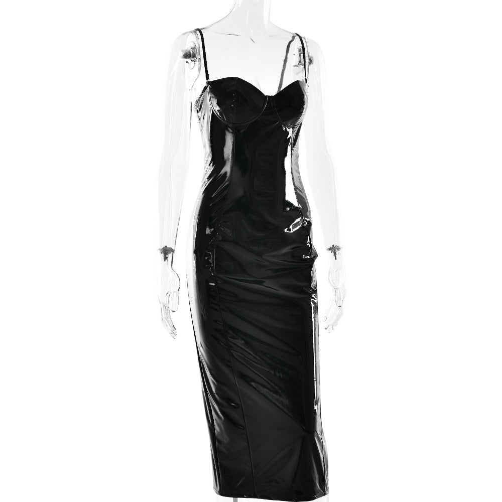 Faux leather midi dress with removable straps - JENNY