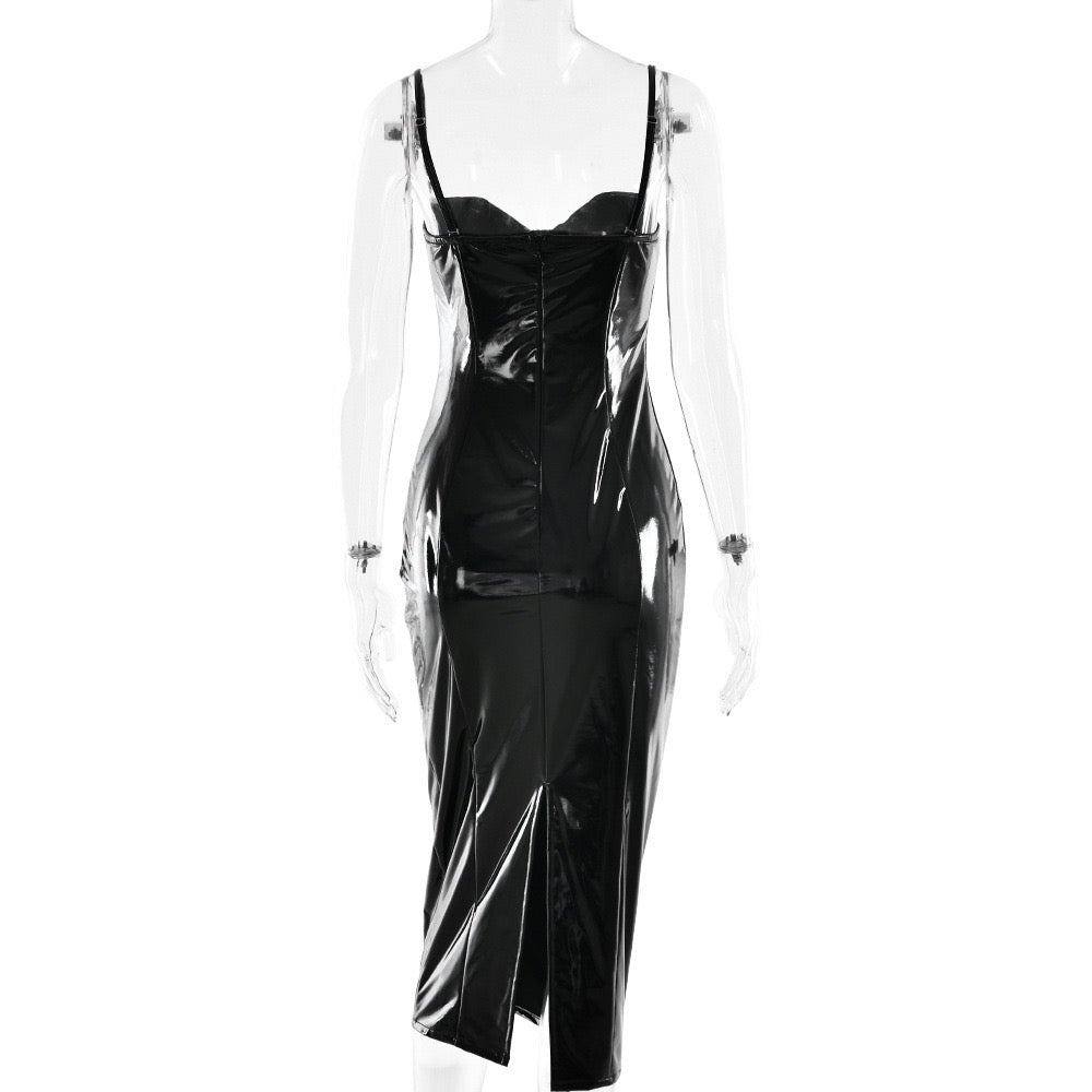 Faux leather midi dress with removable straps - JENNY