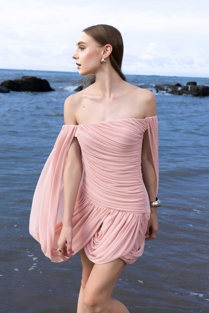 Joella - Pleated chiffon mini dress with exposed shoulders
