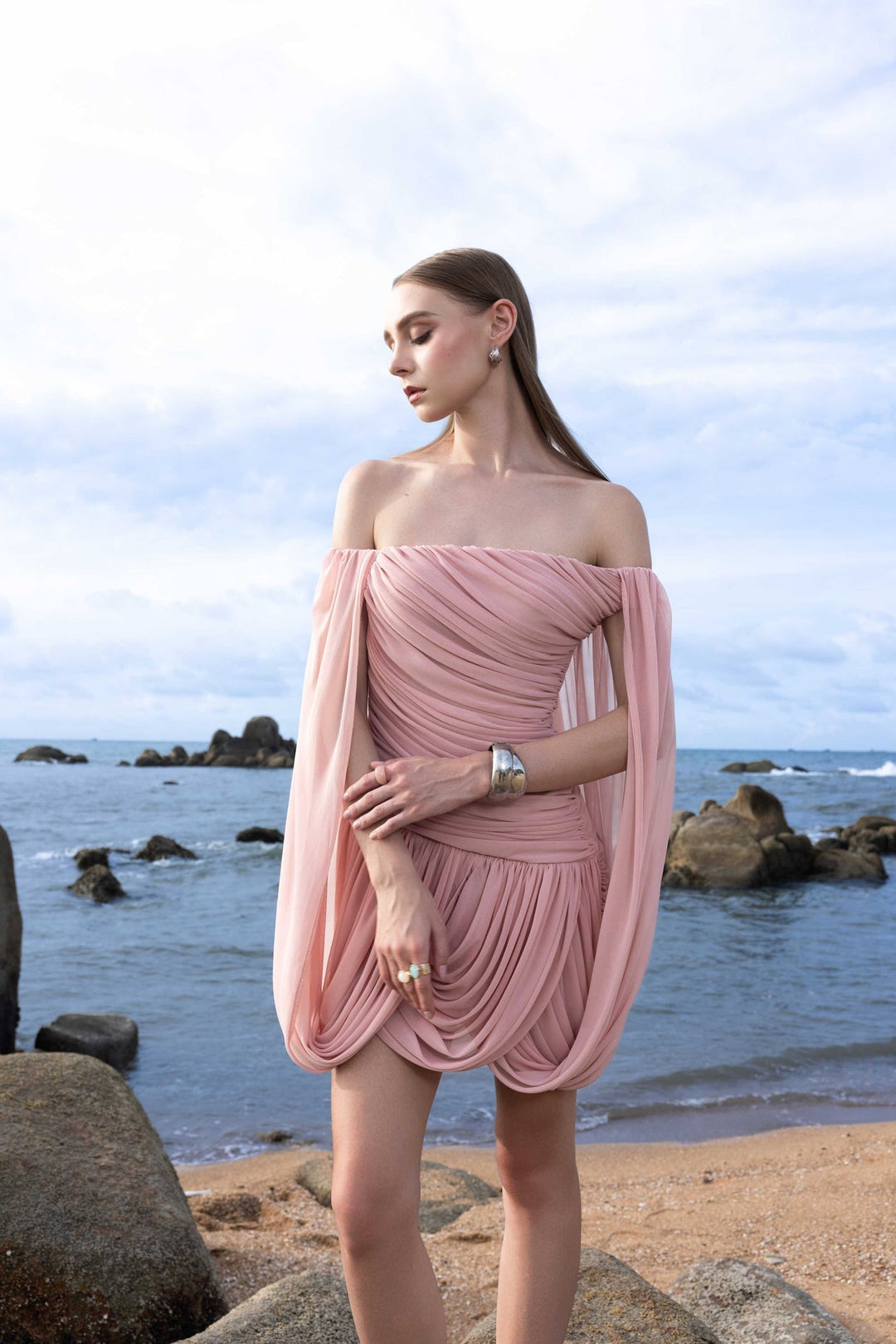 Joella - Pleated chiffon mini dress with exposed shoulders