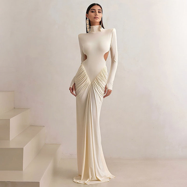 Elegant maxi turtleneck dress with gathered design and open back - DALIA