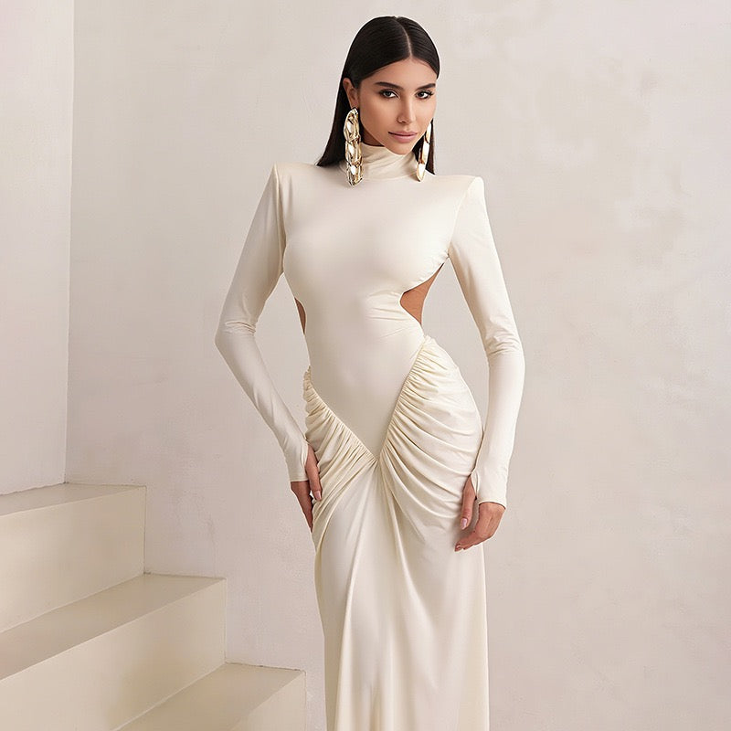 Elegant maxi turtleneck dress with gathered design and open back - DALIA