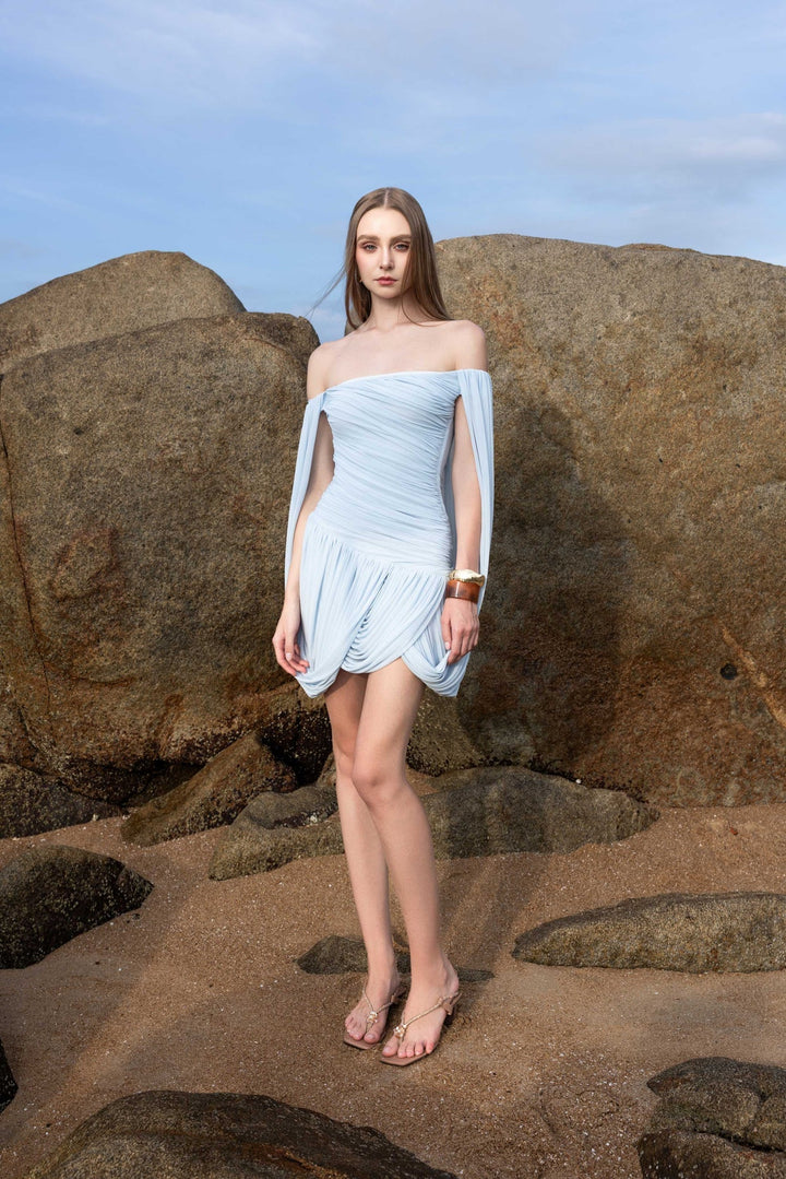 Joella - Pleated chiffon mini dress with exposed shoulders