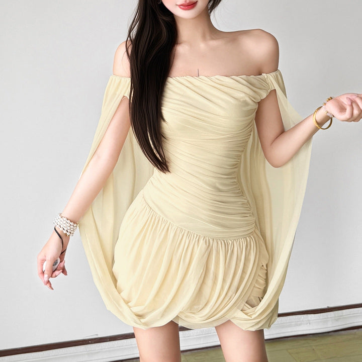 Joella - Pleated chiffon mini dress with exposed shoulders
