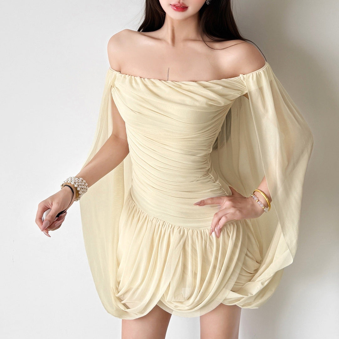Joella - Pleated chiffon mini dress with exposed shoulders