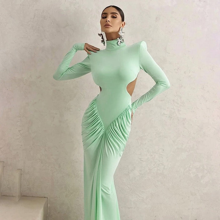 Elegant maxi turtleneck dress with gathered design and open back - DALIA