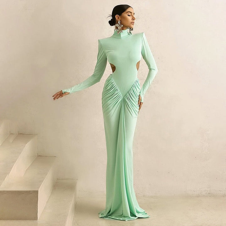 Elegant maxi turtleneck dress with gathered design and open back - DALIA