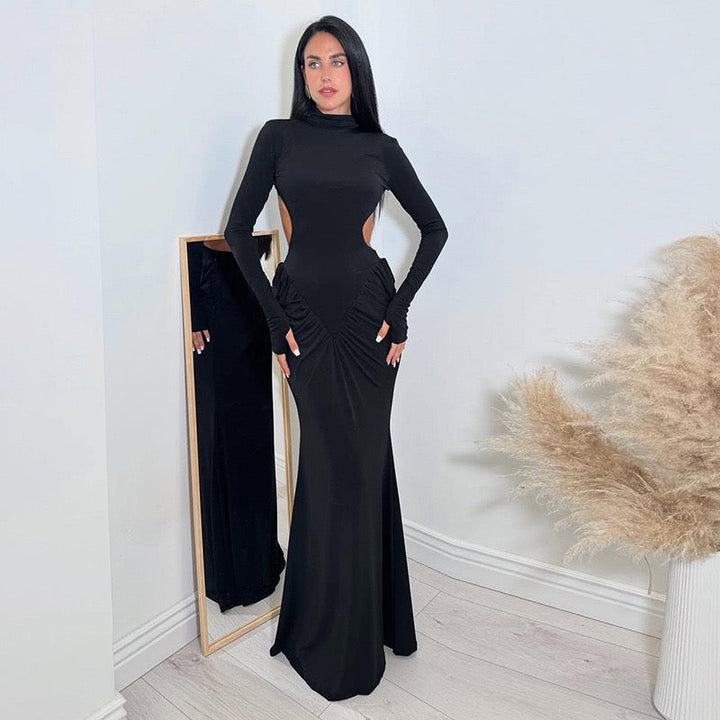 Elegant maxi turtleneck dress with gathered design and open back - DALIA