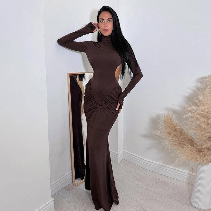 Elegant maxi turtleneck dress with gathered design and open back - DALIA