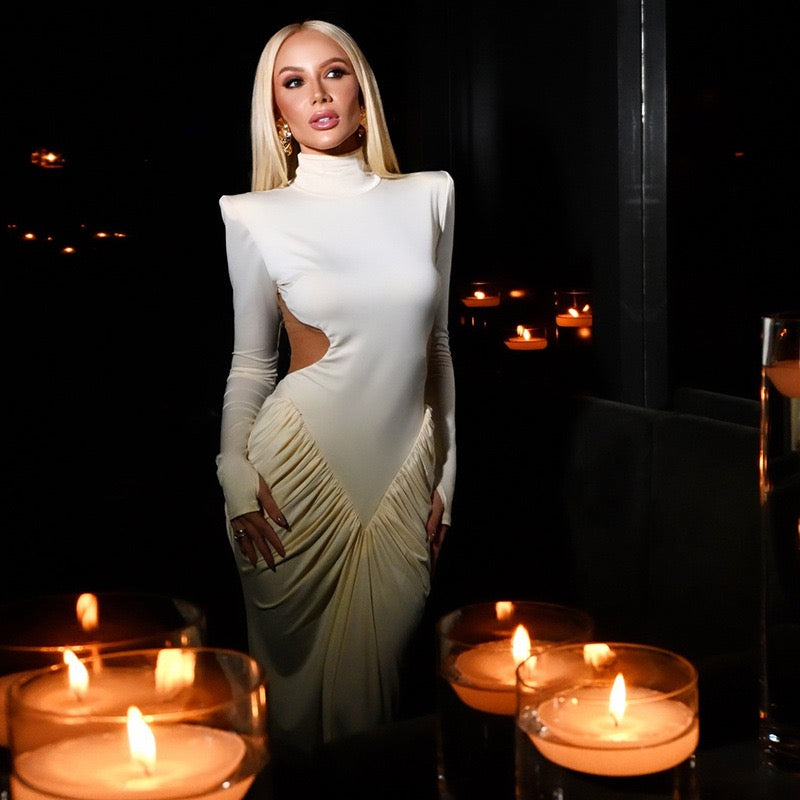 Elegant maxi turtleneck dress with gathered design and open back - DALIA