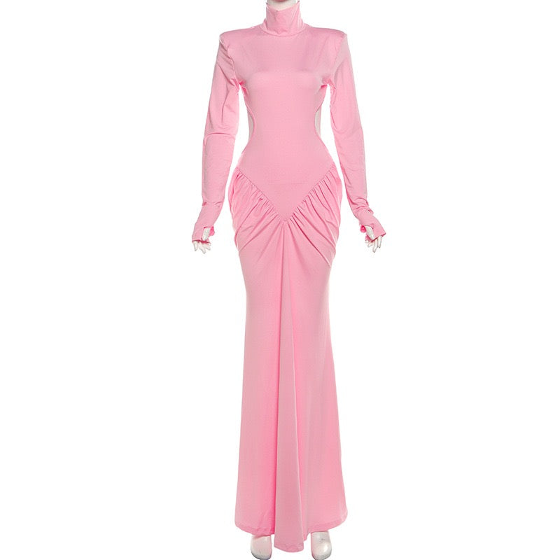 Elegant maxi turtleneck dress with gathered design and open back - DALIA