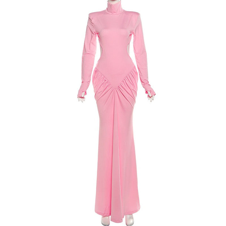 Elegant maxi turtleneck dress with gathered design and open back - DALIA