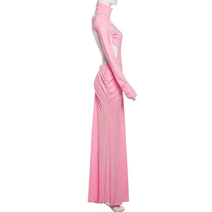 Elegant maxi turtleneck dress with gathered design and open back - DALIA