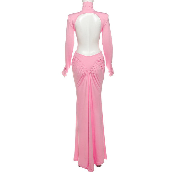 Elegant maxi turtleneck dress with gathered design and open back - DALIA