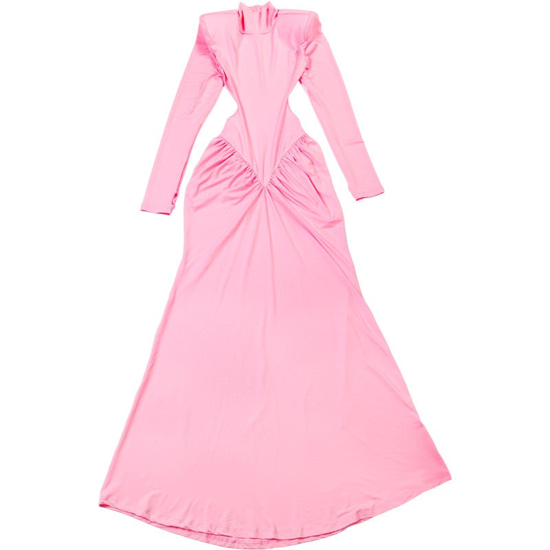 Elegant maxi turtleneck dress with gathered design and open back - DALIA