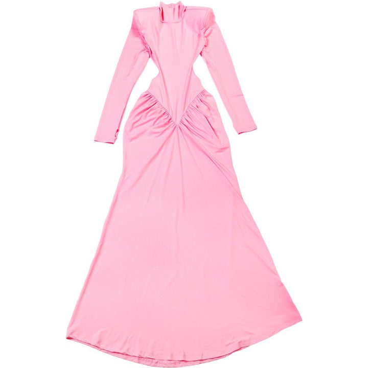 Elegant maxi turtleneck dress with gathered design and open back - DALIA