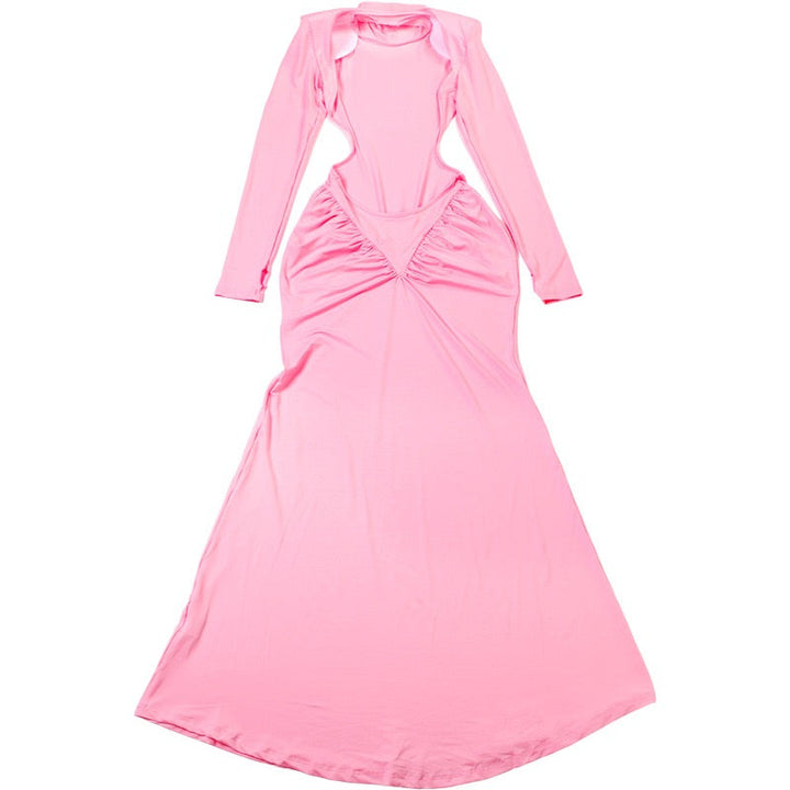 Elegant maxi turtleneck dress with gathered design and open back - DALIA