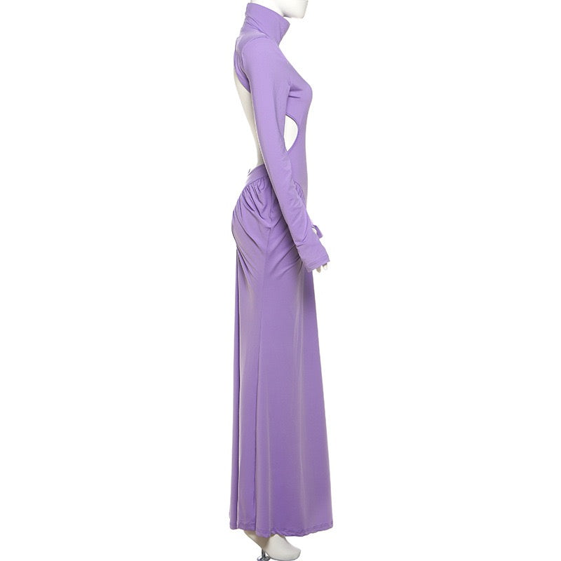 Elegant maxi turtleneck dress with gathered design and open back - DALIA