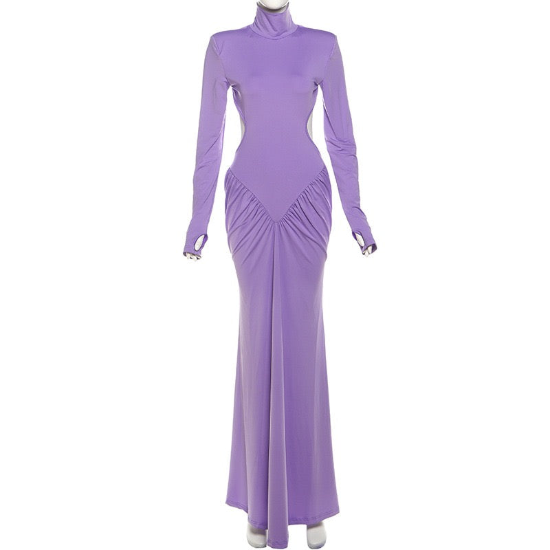 Elegant maxi turtleneck dress with gathered design and open back - DALIA