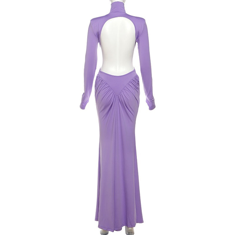 Elegant maxi turtleneck dress with gathered design and open back - DALIA